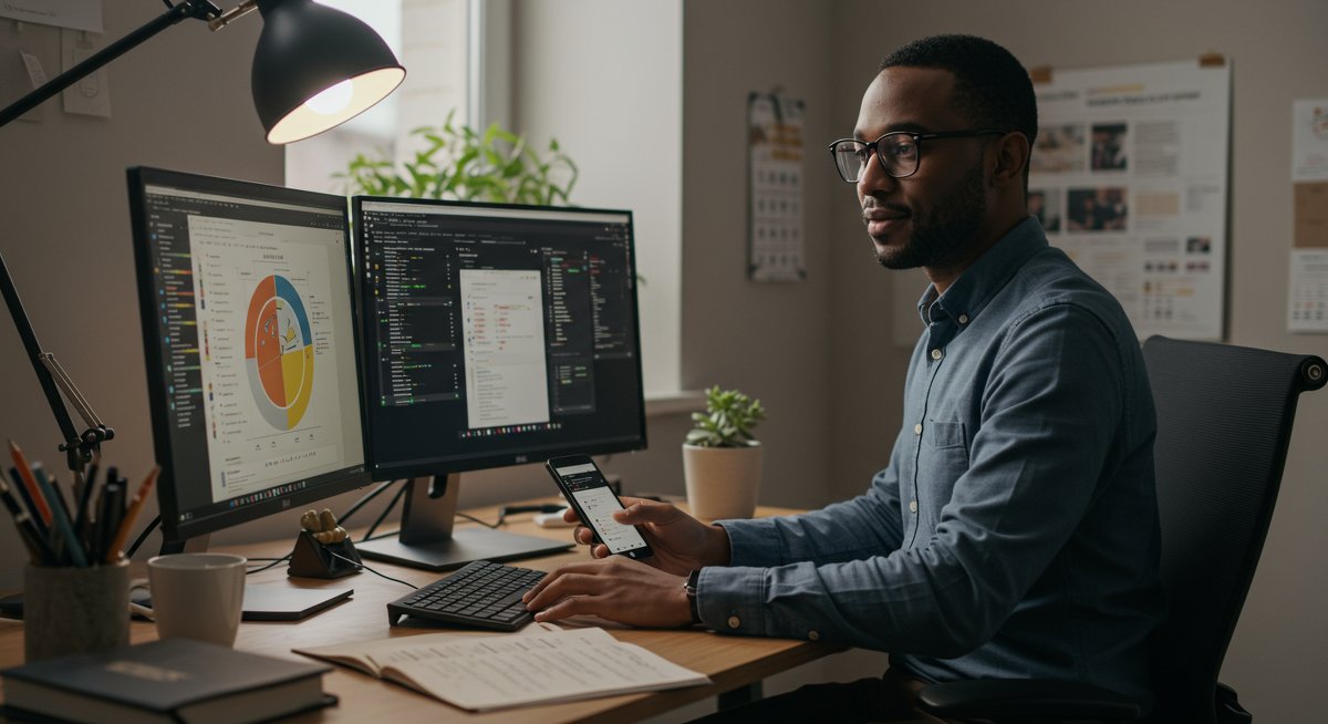 Productivity expert demonstrating habit stacking with digital and physical tracking tools in a modern workspace