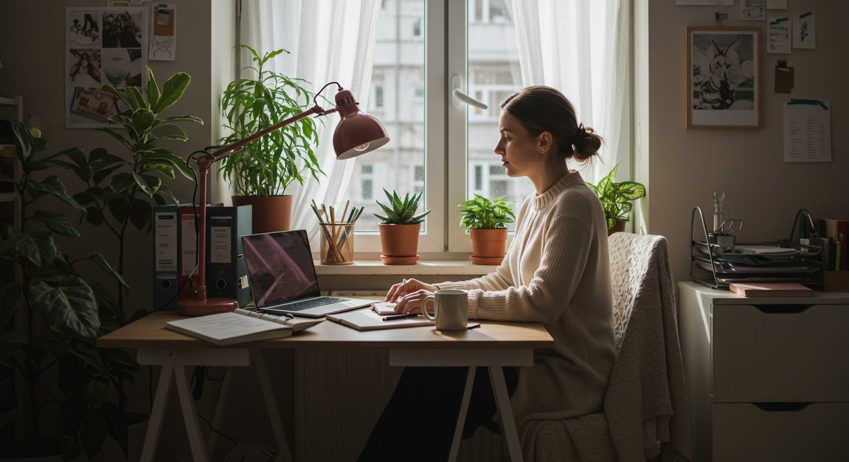 Experienced minimalist woman in cozy home office with clean modern design, plants, organized filing system, and laptop with coffee mug