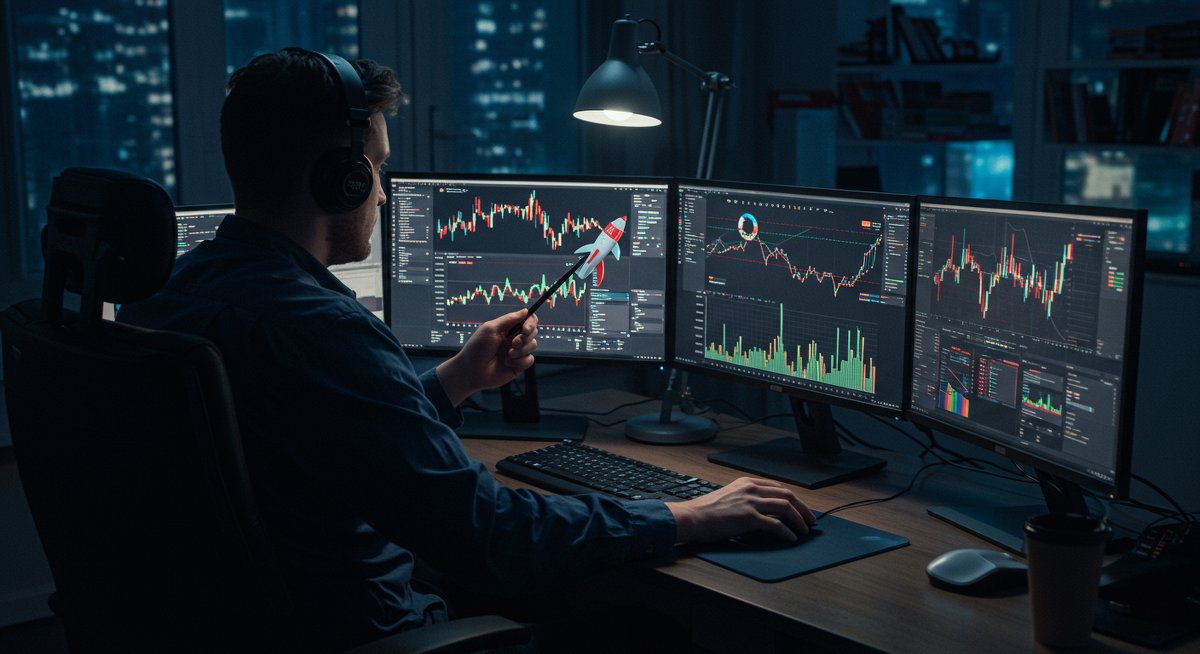Crypto trader analyzing Pepecoin rocket chart with hardware wallets and tax documents on cluttered desk