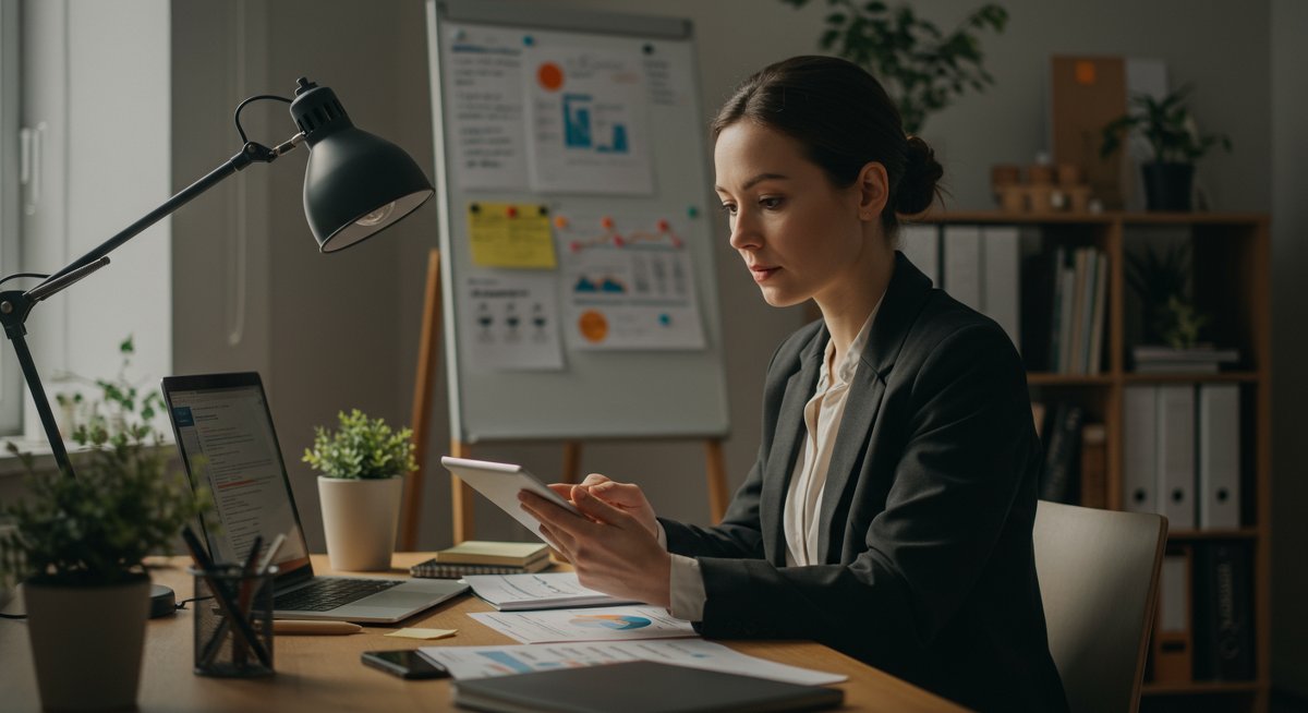 Mid-career professional working in a sustainable office environment with career transition resources