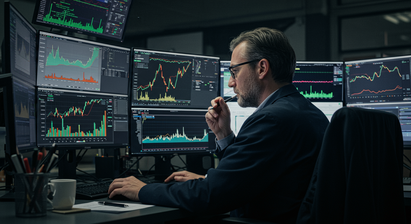 International crypto trader analyzing Bitcoin charts for profit taking opportunities