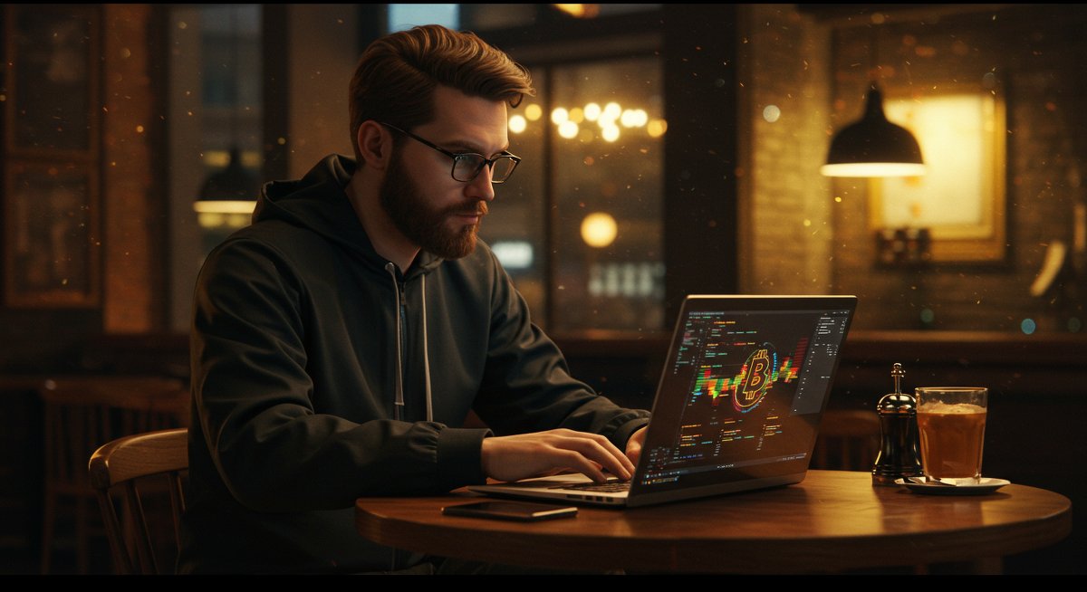 Beginner-friendly crypto swap guide showing male trader analyzing low-fee platforms in modern café setting