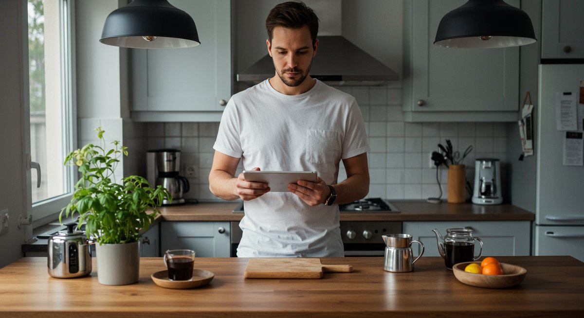 Experienced minimalist man practicing conscious consumption in modern kitchen with sustainable focus