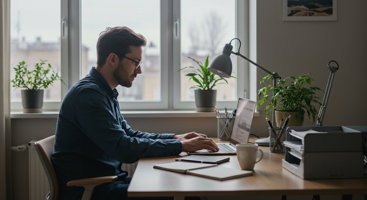 Professional man working in a modern home office with Pomodoro timer, ergonomic setup, and minimalist decor showcasing deep work focus