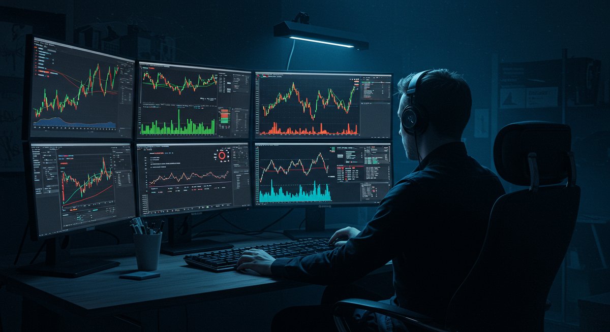 Bitcoin stress test analysis with global market data, crypto trader in neon-lit workspace