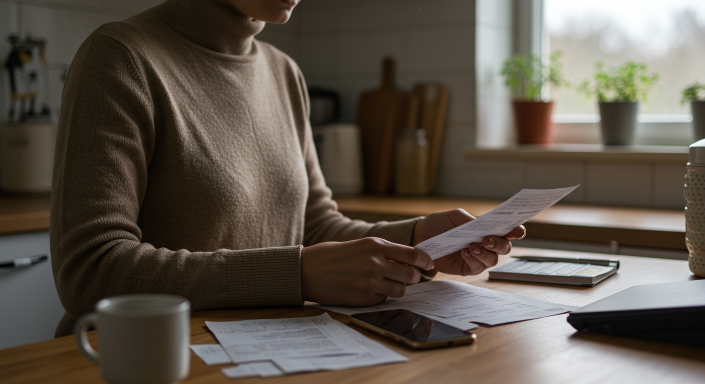 A person at a kitchen counter, using a phone and bills to create a minimalist budget. Natural lighting and a clean aesthetic.