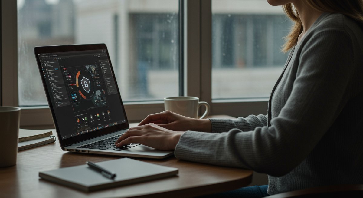 Digital nomad cybersecurity tools infographic showingVPN, antivirus, and encrypted data protection with checklist elements