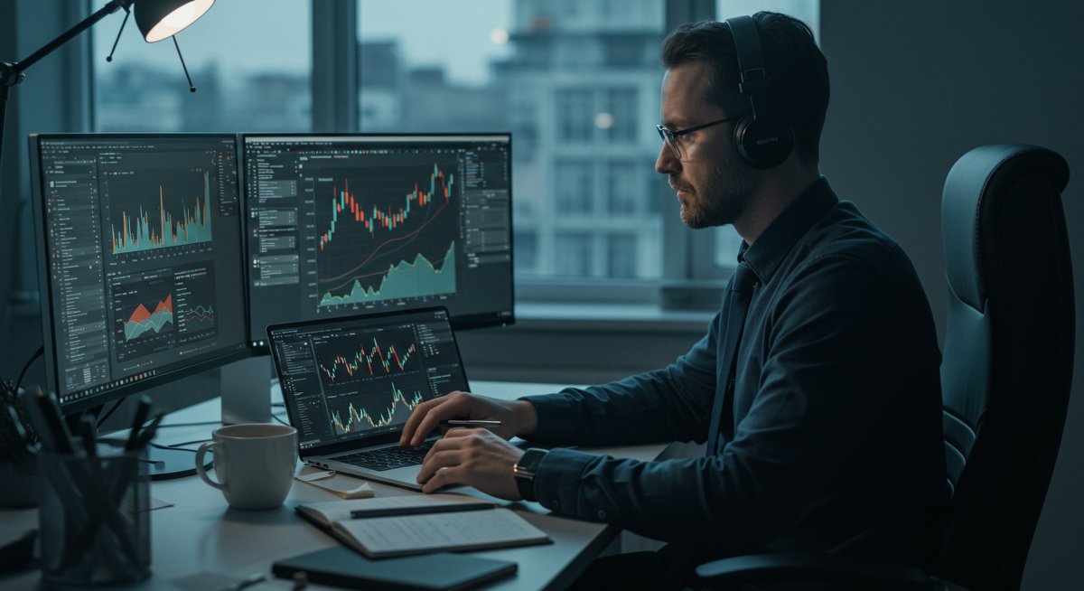 Professional crypto trader analyzing swap rates in modern office environment