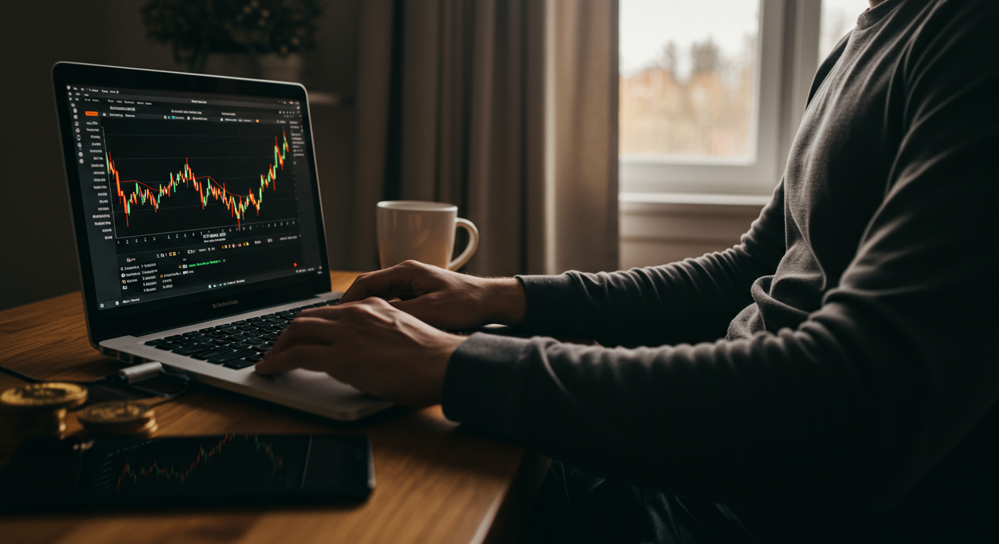 Person analyzing crypto market with laptop and healthy lifestyle