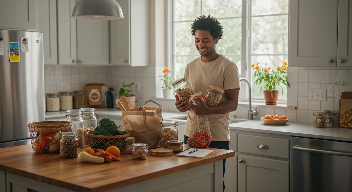 Budget-friendly eco-friendly living: Zero-waste grocery shopping with reusable containers, compost bin, and natural cleaning supplies in a modern kitchen