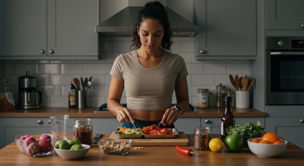 Person meal prepping healthy food in kitchen with natural lighting