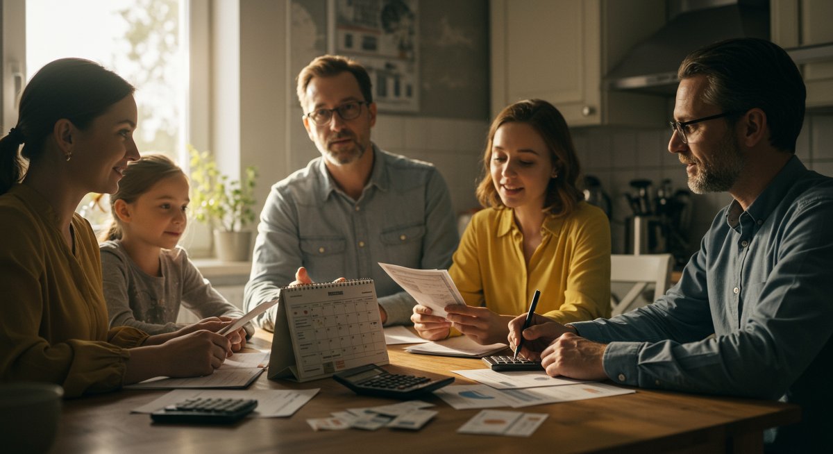 Low-income budgeting family planning finances together with calendar, calculator, and bills in a bright kitchen
