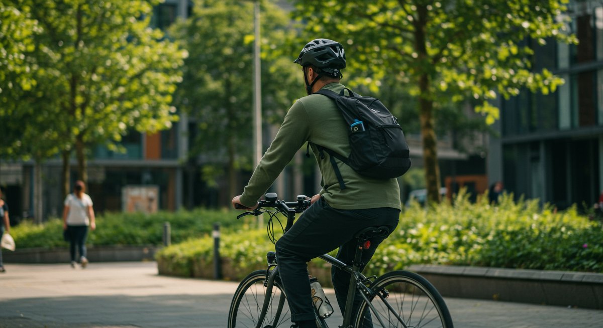 Eco-friendly commuting illustration showing sustainable transportation options with a focus on biking in an urban environment