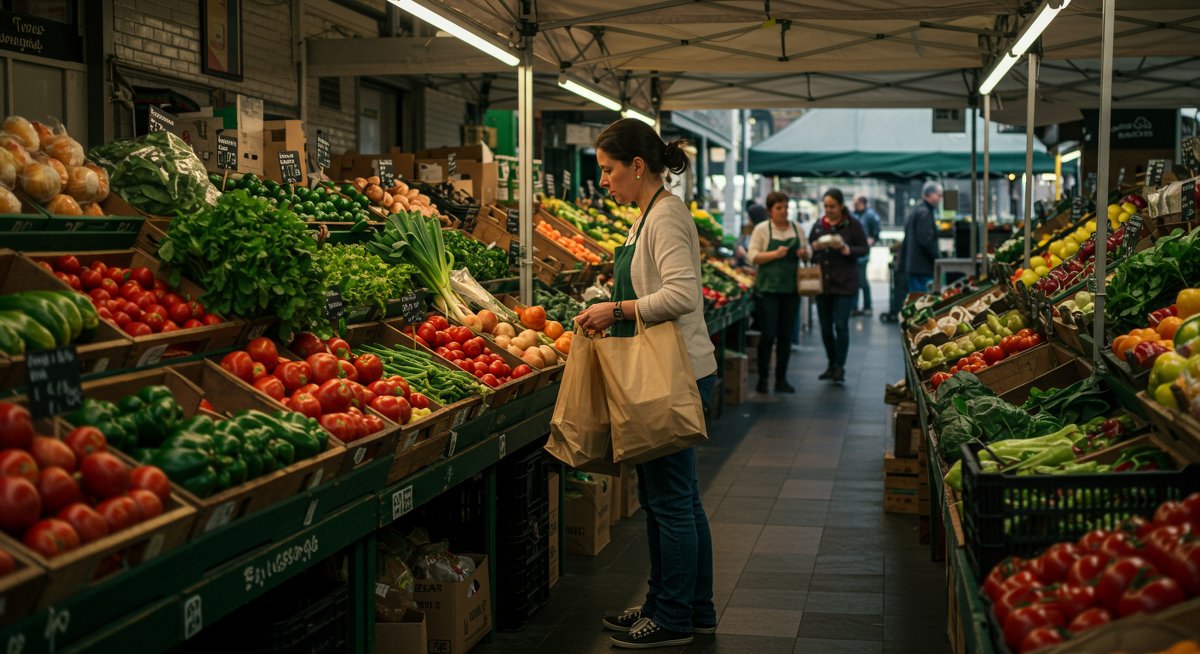 Eco-friendly grocery shopping with reusable bags and fresh local produce at farmers' market