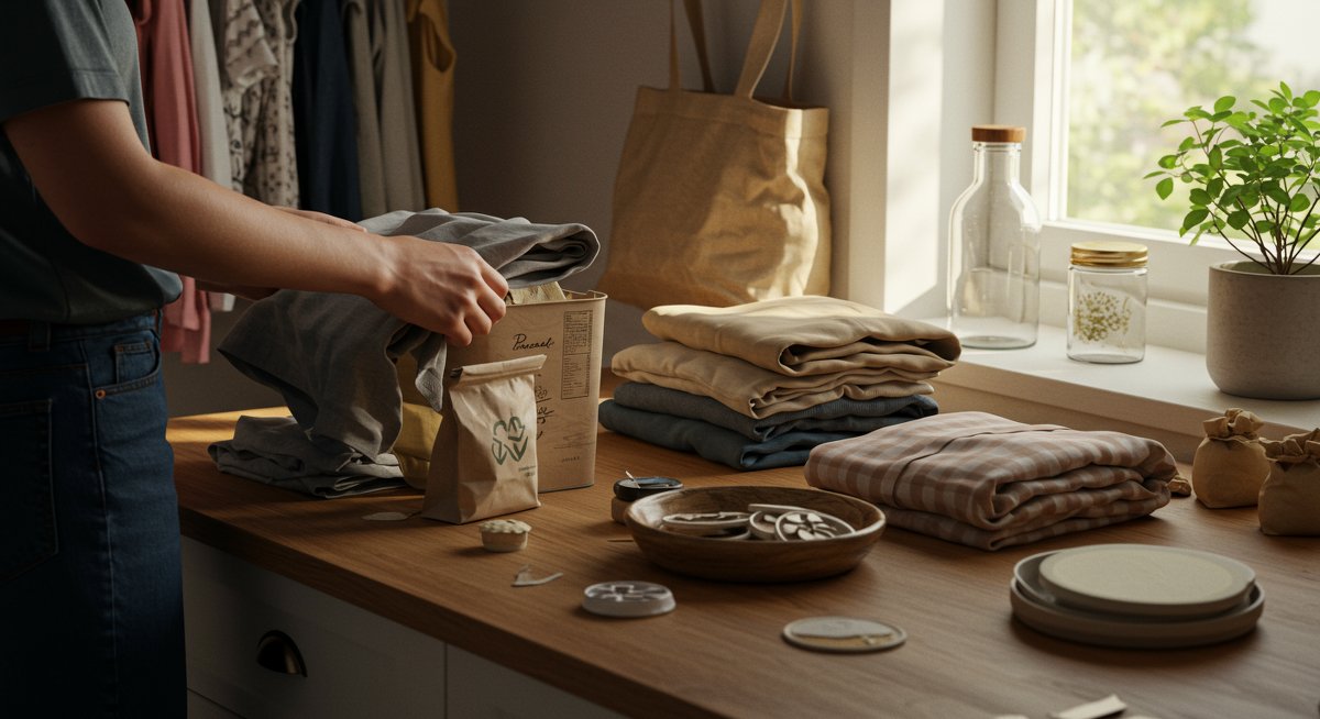 Eco-conscious capsule wardrobe setup with second-hand clothing, natural textiles, and sustainable accessories in a clean, modern closet