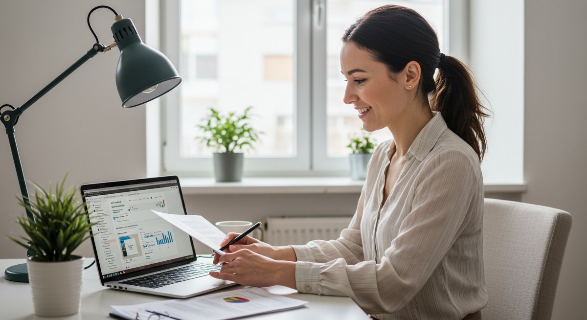 Experienced woman reviewing budget on laptop, demonstrating money saving strategies for 2025.