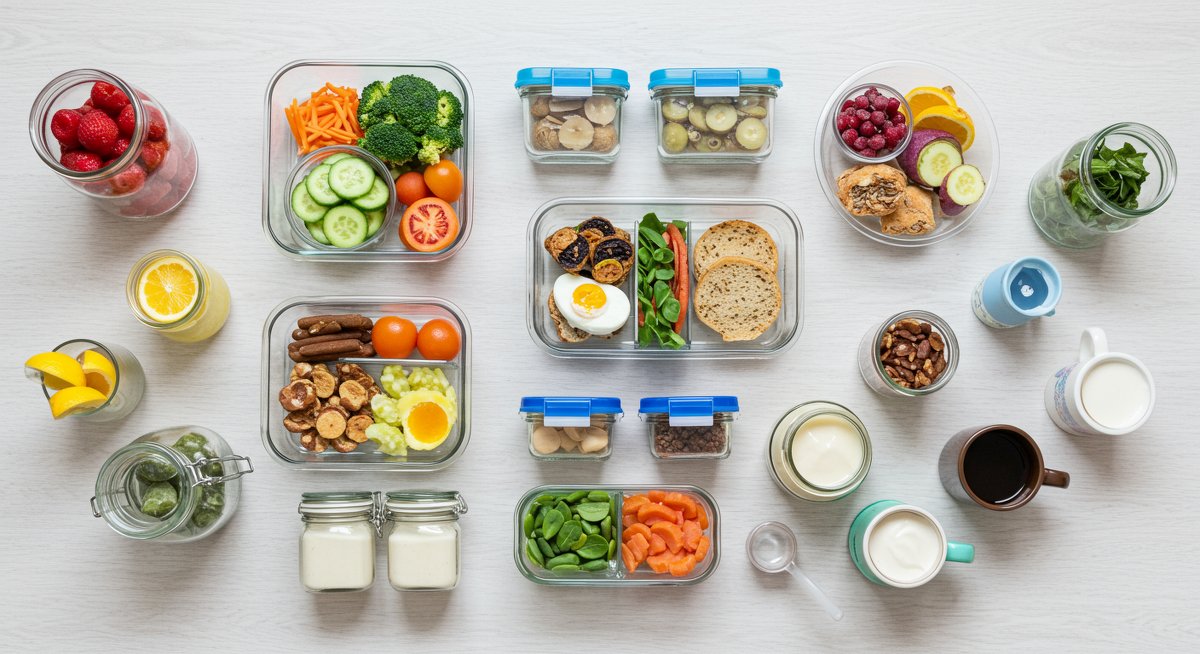 Professional vegan meal prep containers with fresh ingredients for quick 5-ingredient dinners