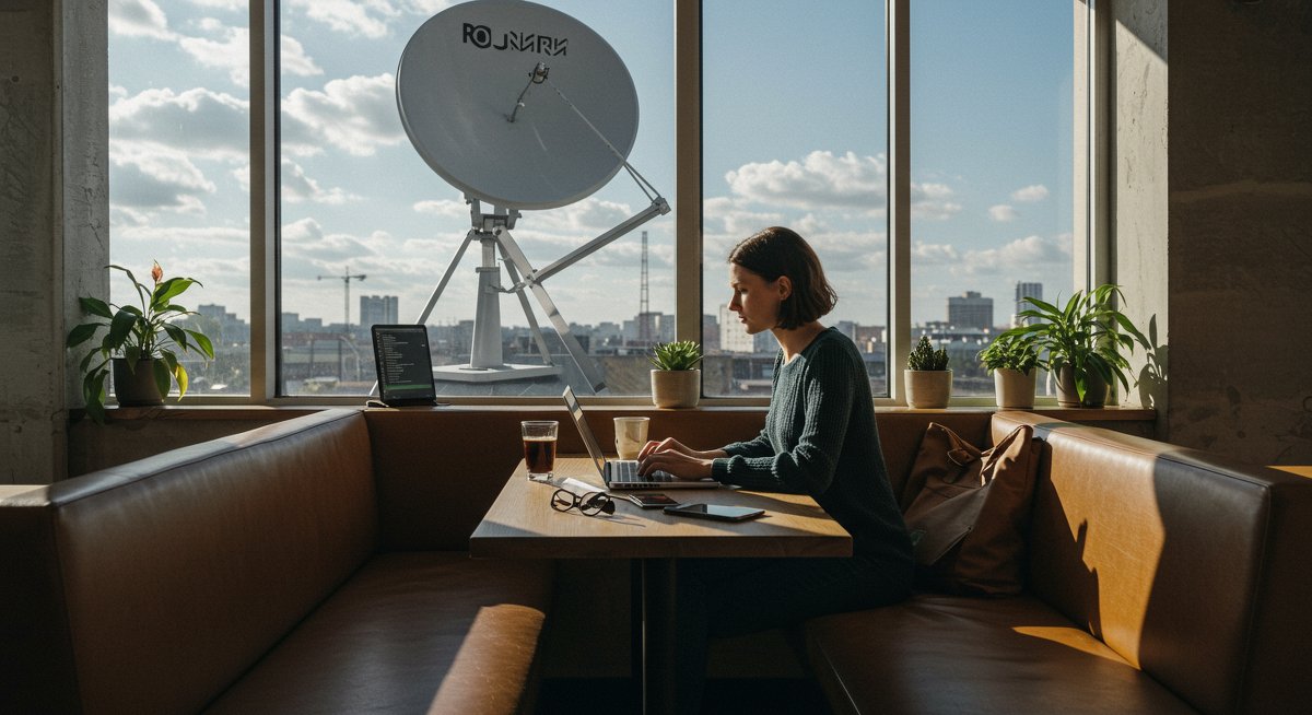 Digital nomad using affordable satellite internet in a modern cafe workspace