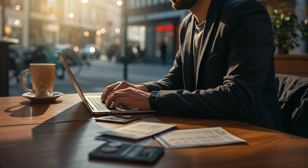 Budget-conscious traveler researching hotel deals in urban café with laptop and price comparisons