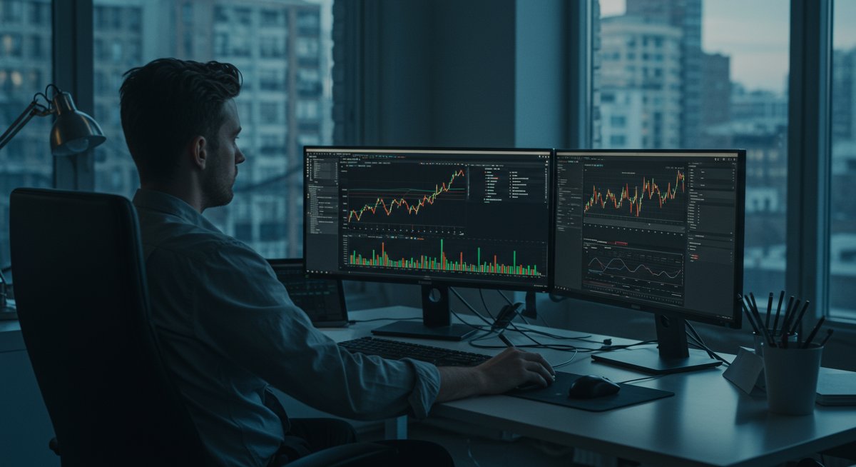 Experienced crypto trader reviewing swap fee analytics in modern workspace