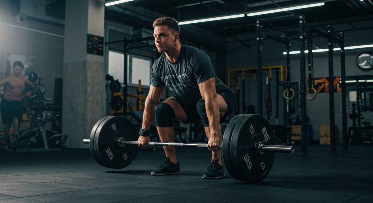 Person performing deadlifts in gym with dramatic lighting