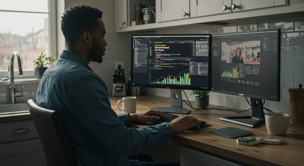 Experienced budgeter using debt tracking software in modern kitchen workspace