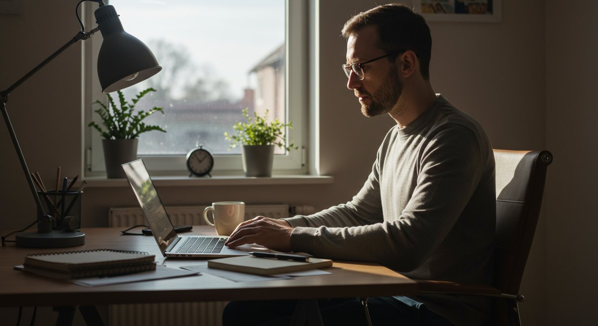 Digital minimalism: A man in a clean workspace decluttering his digital life with a laptop, coffee mug, and notepad