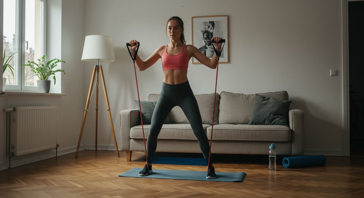 Intermediate fitness enthusiast doing resistance band workout at home with clean modern setup