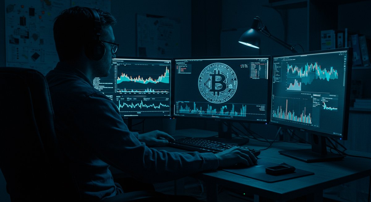 Bitcoin trading strategy visualization showing global market analysis and profit taking tactics