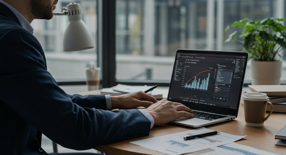 Professional European P2P investor analyzing compound growth strategies in a modern Berlin workspace with financial charts and regulatory documents