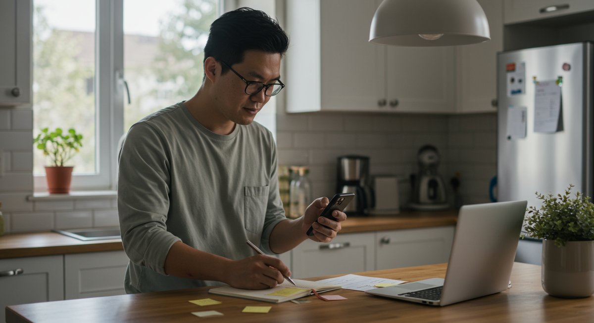 Digital minimalism illustration: man decluttering phone and organizing notes in minimalist kitchen with natural light