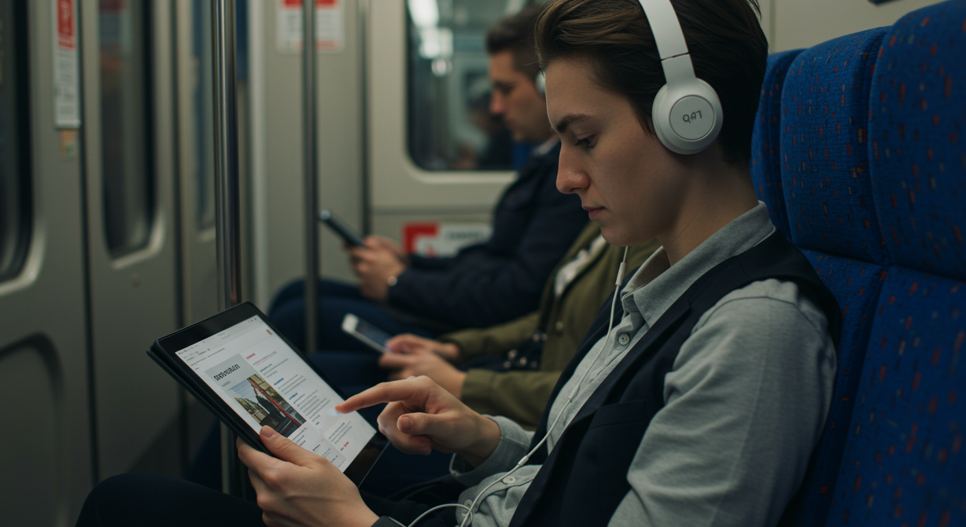 A young professional using commute time for learning on a train, emphasizing commuting productivity and effective time management.