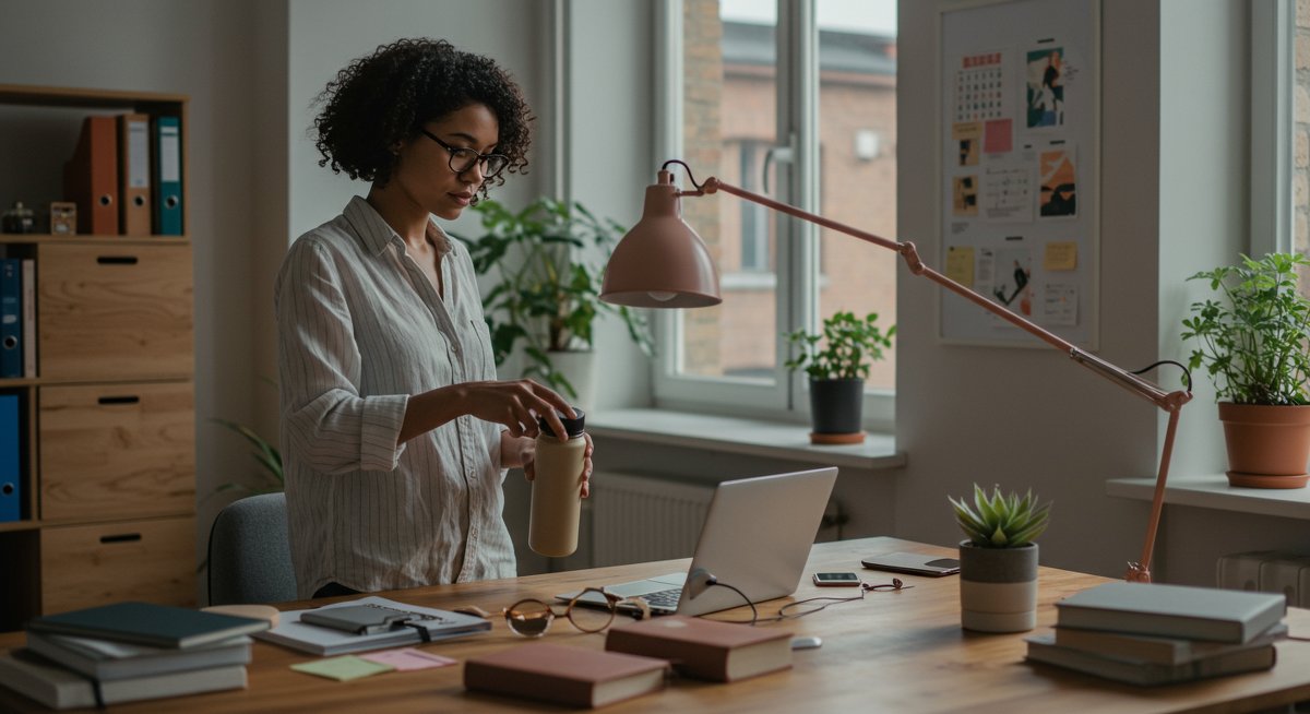 Professional woman in sustainable office managing work stress with eco-friendly tools