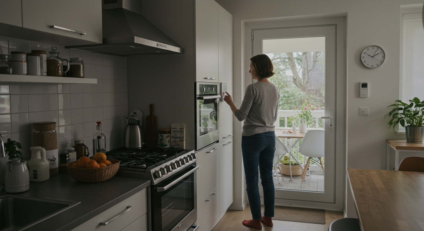 Eco-friendly kitchen featuring reusable containers, natural cleaning supplies, and energy-efficient appliances.