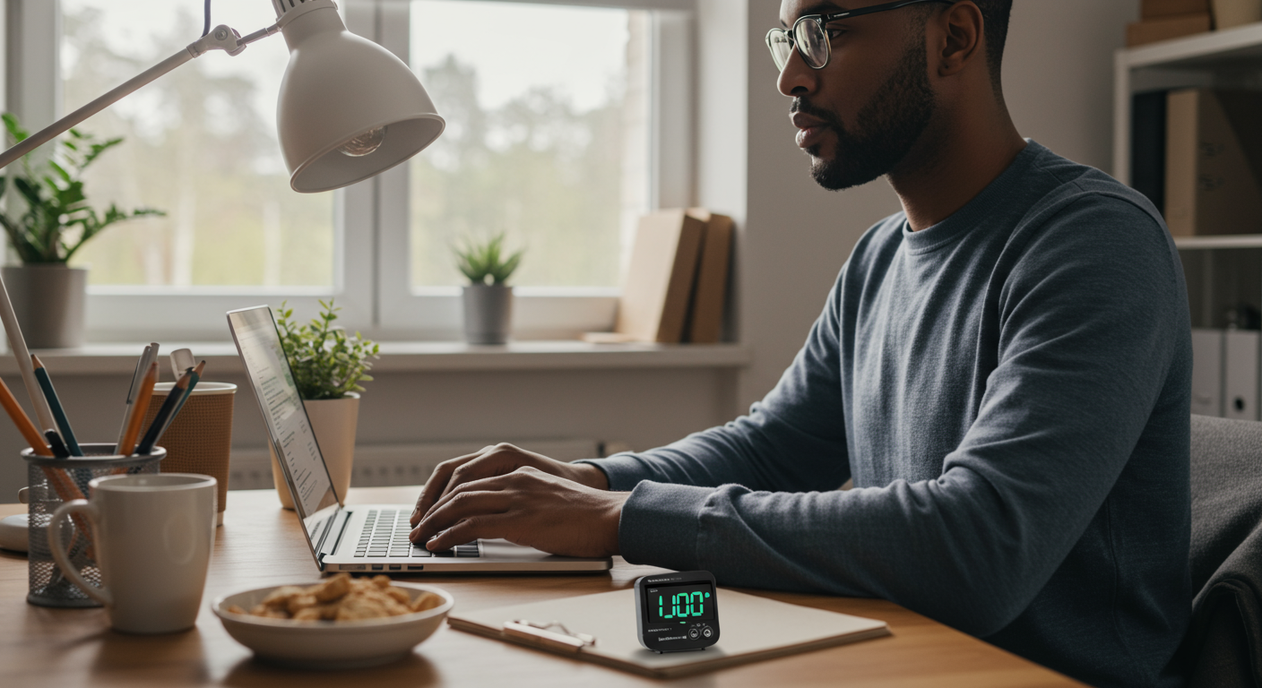 Professional using a Pomodoro timer to beat procrastination in a modern home office. The image depicts focused work and time management strategies.