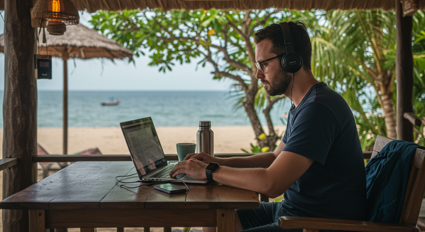 Digital nomad working at a beach cafe with laptop, portable monitor, and headphones, emphasizing productivity and freedom.
