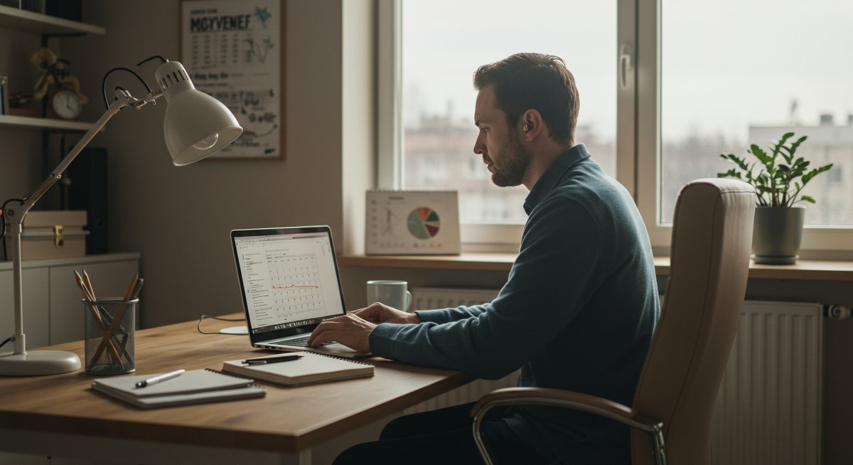 Professional modern office setup with focused male professional demonstrating distraction-free focus strategies