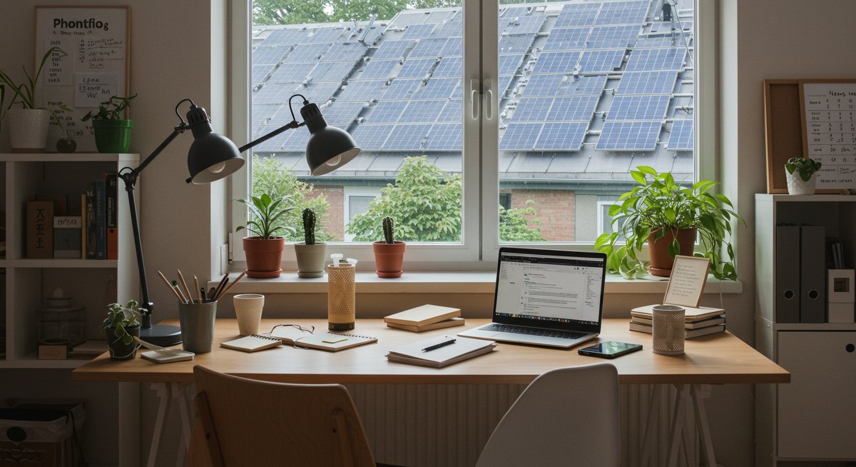 Freelance professional working in sustainable office space with solar power, eco-friendly supplies, and natural lighting