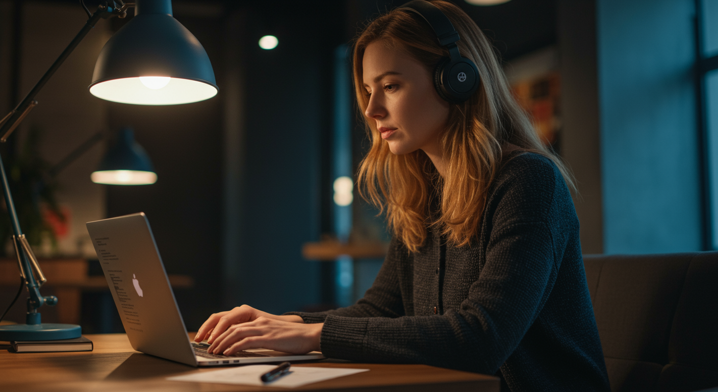 Female digital nomad working on a laptop in a co-working space, focusing on cybersecurity, emphasizing safety and productivity.