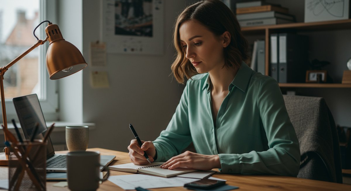 Adult learner conquers procrastination with time management in a modern workspace