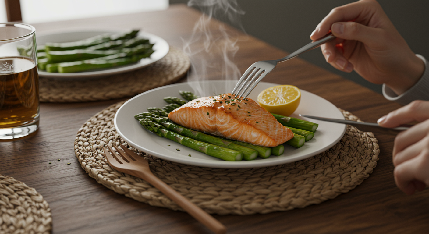 A beautifully plated keto dinner featuring salmon and asparagus, showcasing a delicious and healthy meal.