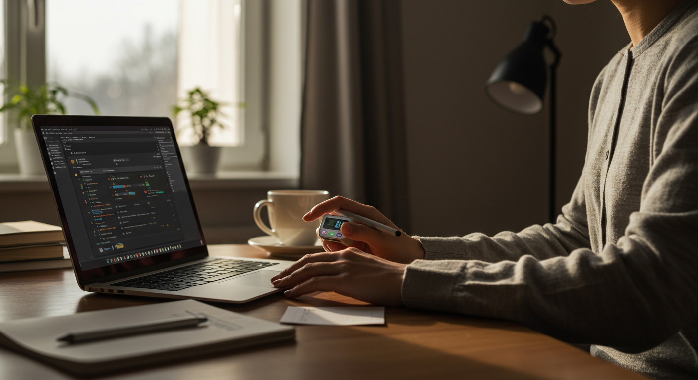 A person at a desk using a Pomodoro timer, demonstrating time management techniques in a home office. The scene conveys focus, efficiency, and control.