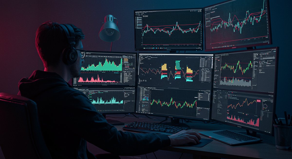Crypto trader monitoring Ethereum unstaking queue with international market data on multiple screens
