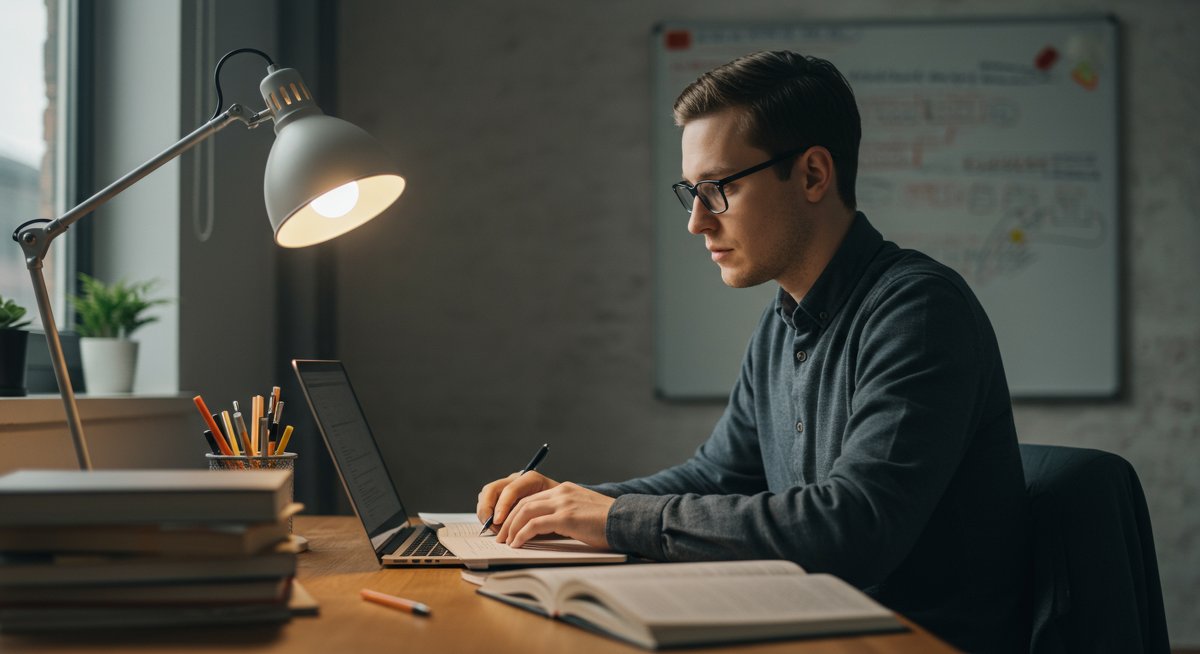 Professional career advancement through online courses - modern office study setup with laptop, textbook, and coffee