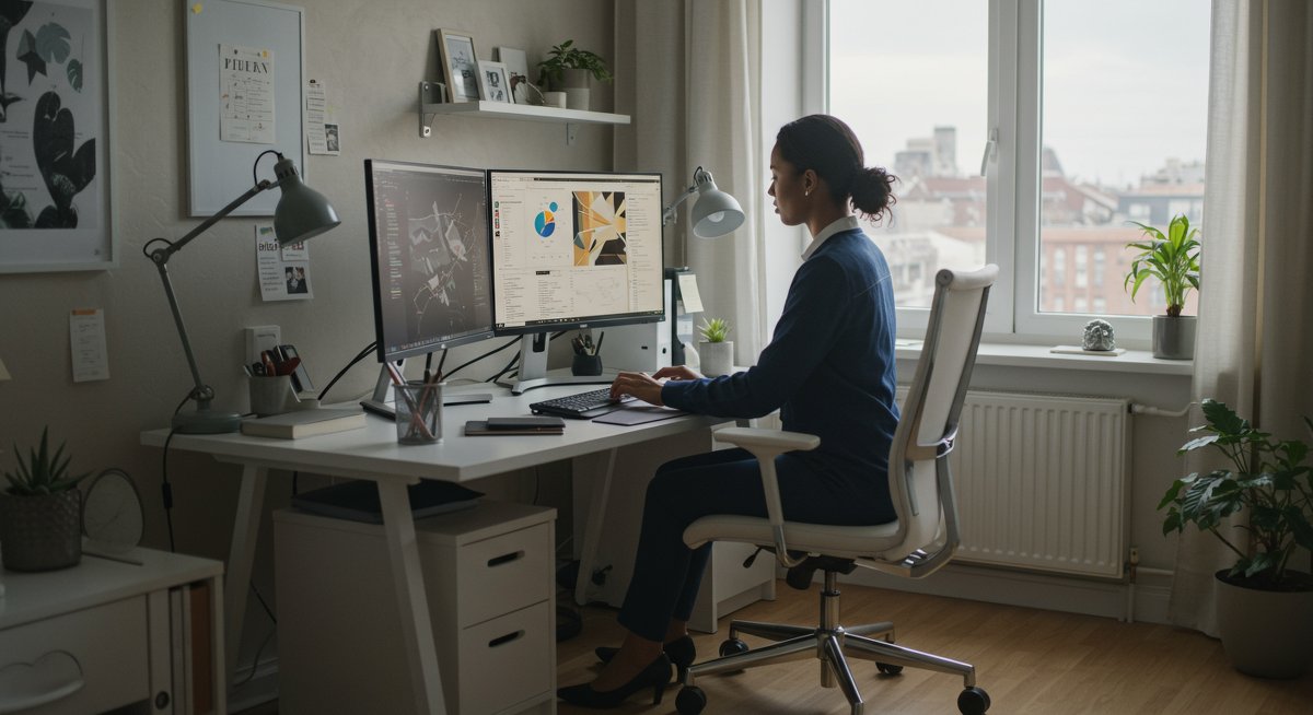 Confident woman organizing digital workspace with dual monitors and minimalist decor