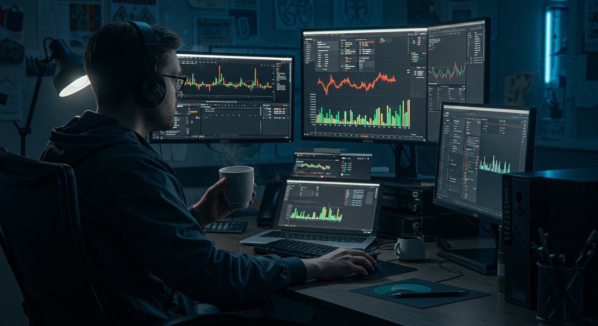 Bitcoin trading strategy visualization: trader with coffee analyzing global market charts in neon-lit crypto workspace