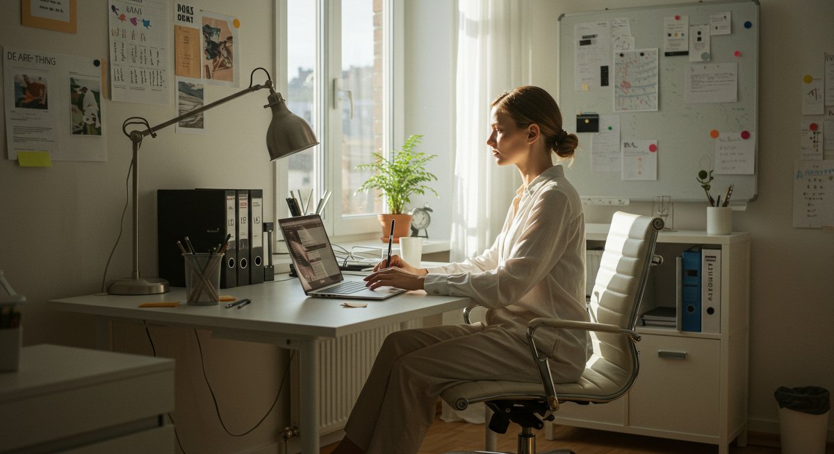 Minimalist home office design 2025 featuring clean white desk, laptop, plants, organized filing system, natural daylight, ergonomic chair, and modern decor