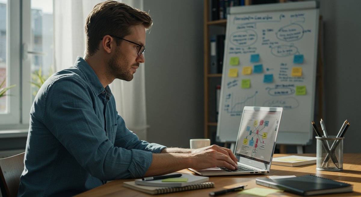 Adult learner managing information overload with digital and physical organization tools in a modern study space