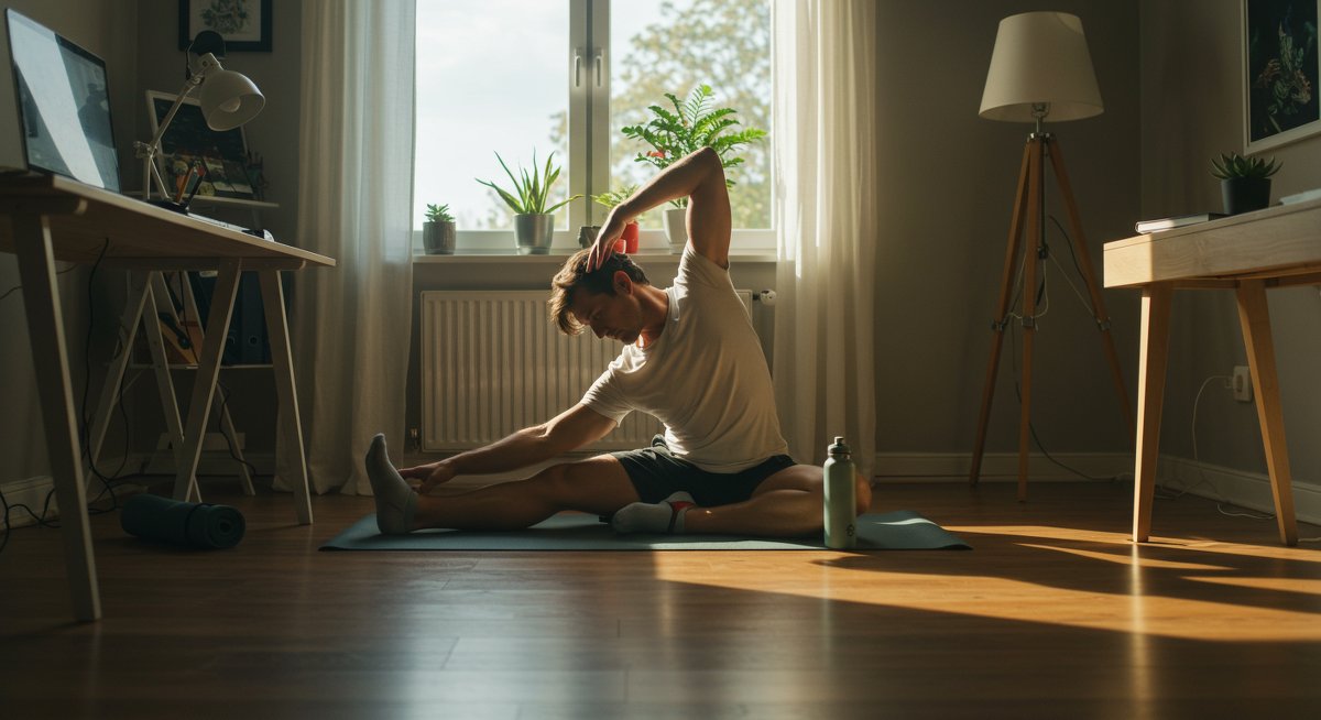 Desk worker doing seated forward fold stretch at home with yoga mat and water bottle, natural lighting emphasizing flexibility exercise