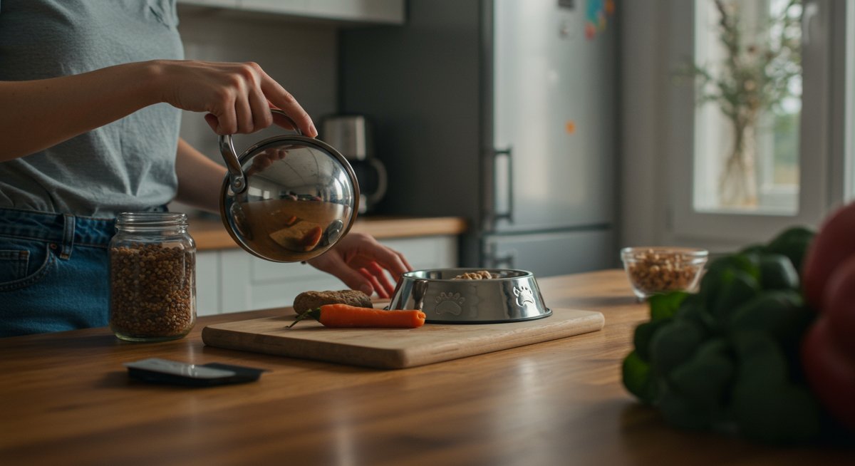 Budget-friendly pet care: Woman preparing homemade pet food with fresh ingredients in a clean kitchen